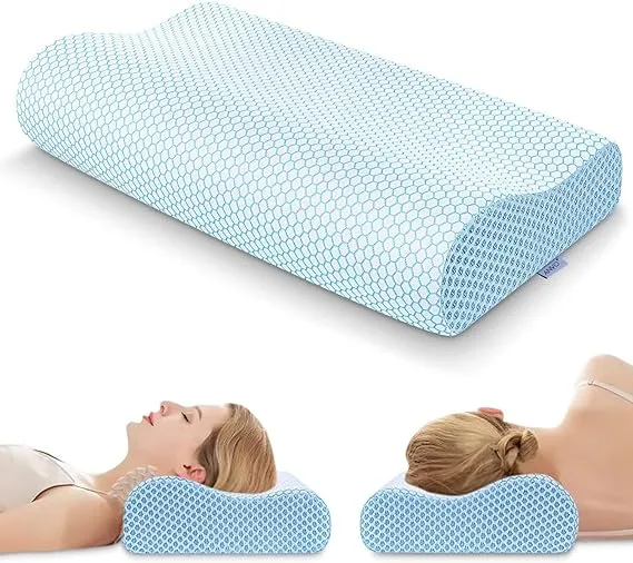 Anvo Memory Foam Pillow, Neck Contour Cervical Orthopedic Pillow for Sleeping Side Back Stomach Sleeper, Ergonomic Bed Pillow for Neck Pain - Blue