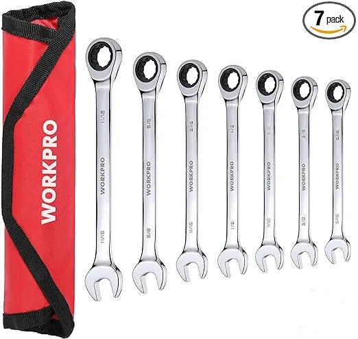 WORKPRO 7-Piece Ratcheting Combination Wrench Set, 72 Teeth, Cr-V Constructed, Combo Ratchet Wrenches Set with Roll Up Pouch, Metric 8mm-17mm