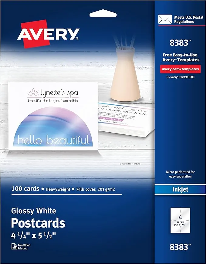 Avery 8383 Photo-Quality Glossy Postcards for Inkjet Printers, 4 1/4 x 5 1/2, White (Pack of 100)Avery 8383 Photo-Quality Glossy Postcards for Inkjet Printers, 4 1/4 x 5 1/2, White (Pack of 100)