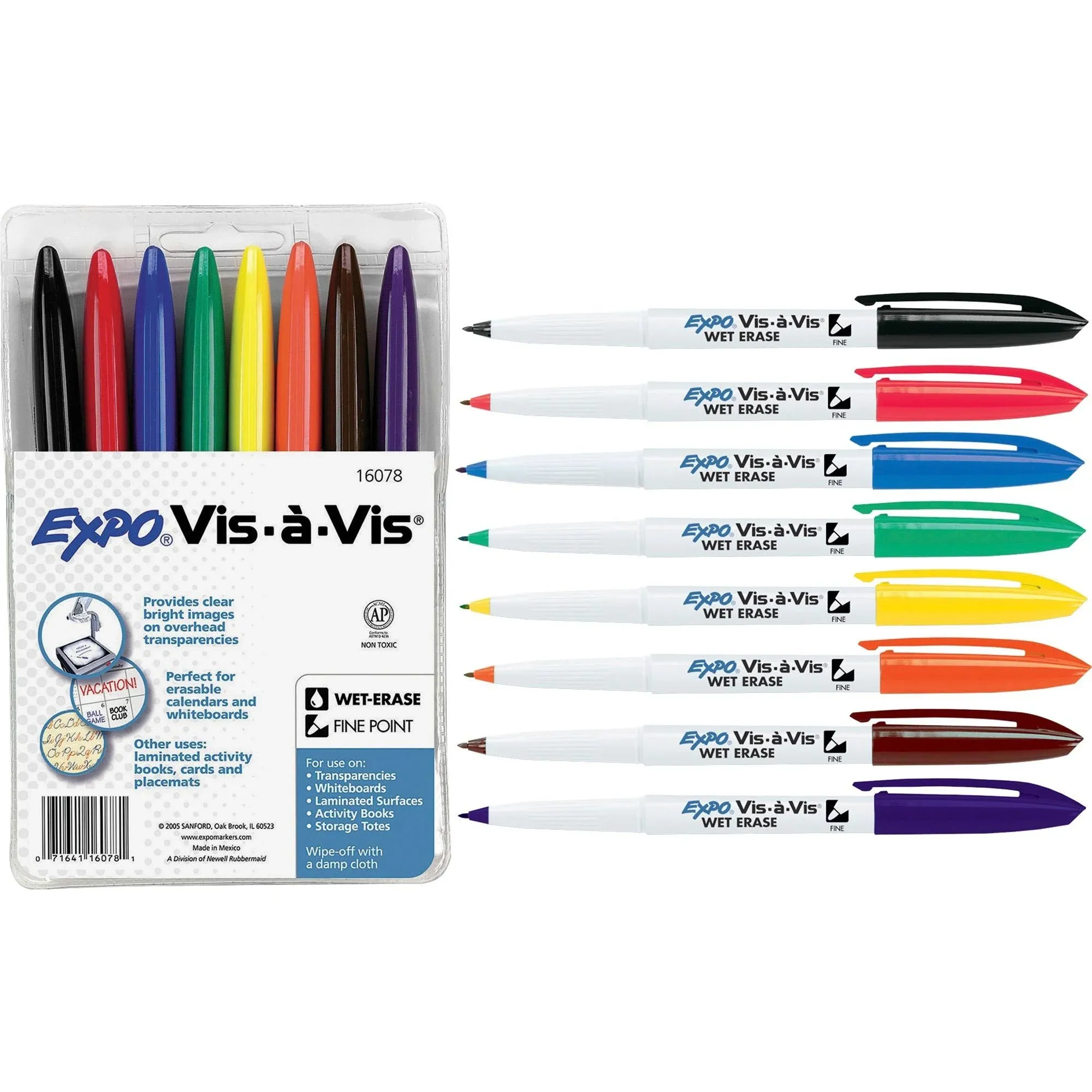 Expo Vis-A-Vis Wet-Erase Marker, Fine Point, Assorted, 8-Set