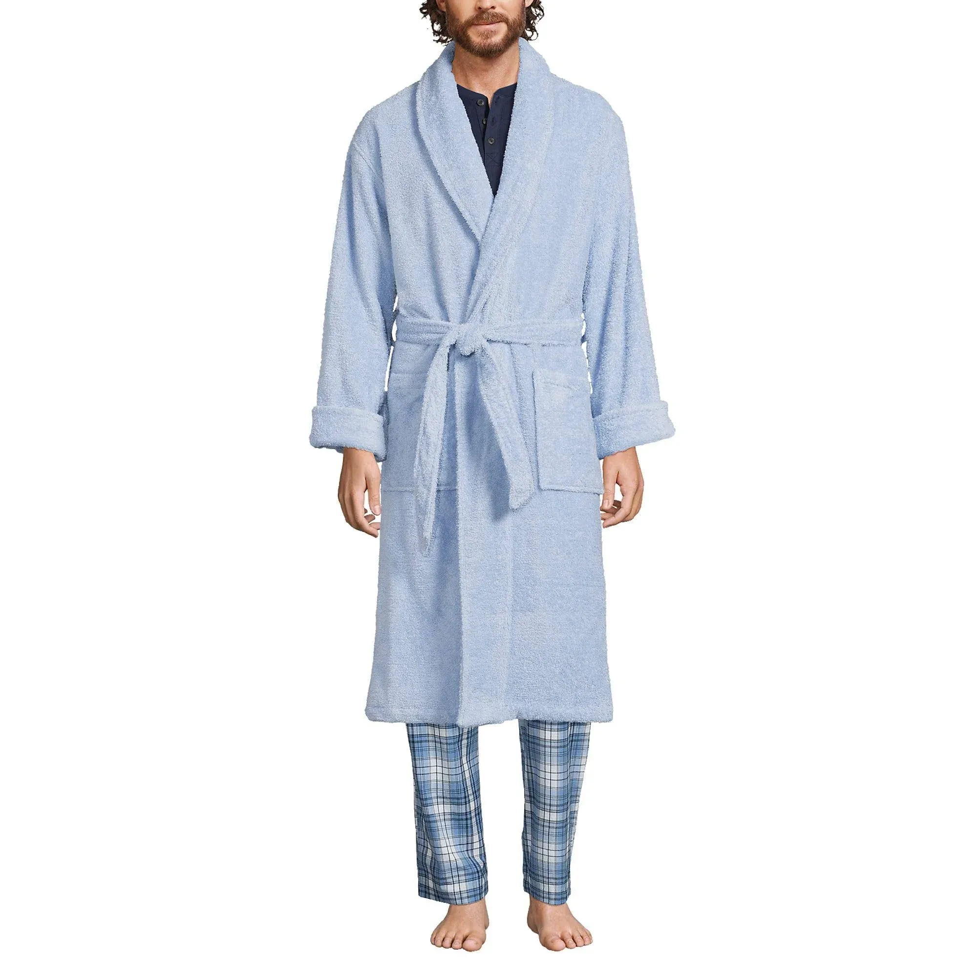 Lands' End Men's Calf Length Turkish Terry Robe - Soft Blue Haze