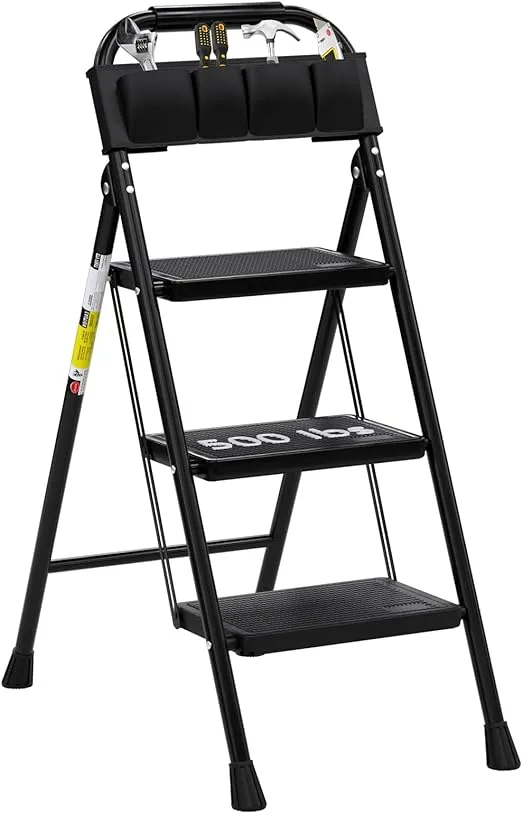 3 Step Ladder EFFIELER Folding Step Stool with Wide Anti-Slip Pedal, 500 lbs Sturdy Steel Ladder, Convenient Handgrip, Lightweight, Portable Steel