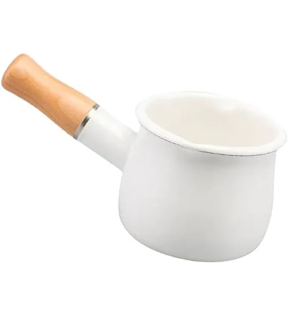 0.6qt Mini Enamel Milk Pot Insulated Wooden Handle 2 Pour Spouts Small Food Warmer Cute Saucepan(D015,White) …