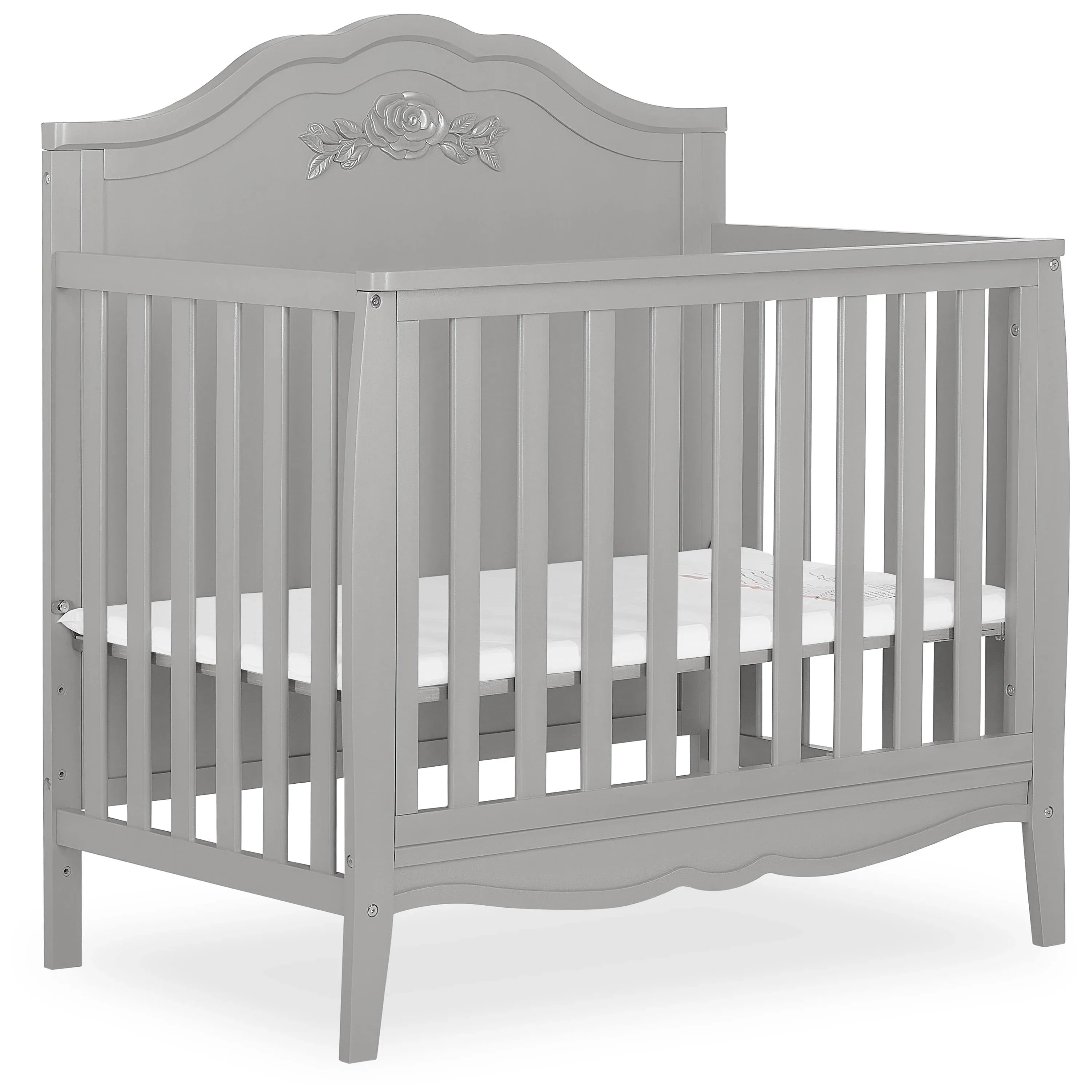 Rose 4-in-1 Convertible Mini Crib in White, JPMA Certified Baby Crib, Non-Toxic Finish, New Zealand Pinewood, with 3 Mattress Height Settings