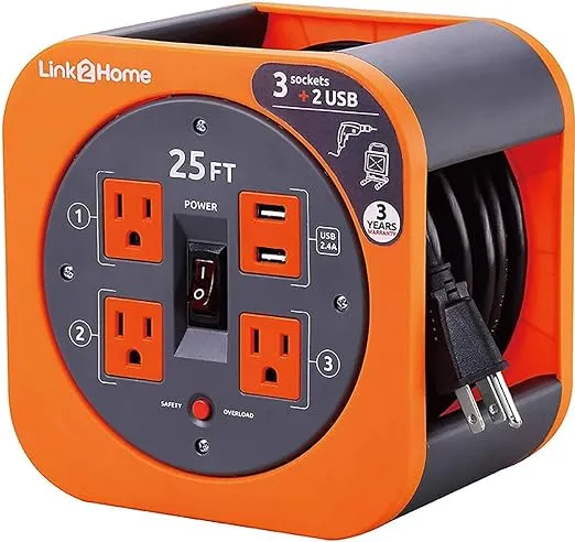 25 ft. 16/3 Extension Cord Storage Reel with 3 Grounded Outlets 2 USB 3.4 Amp and Overload Reset Button