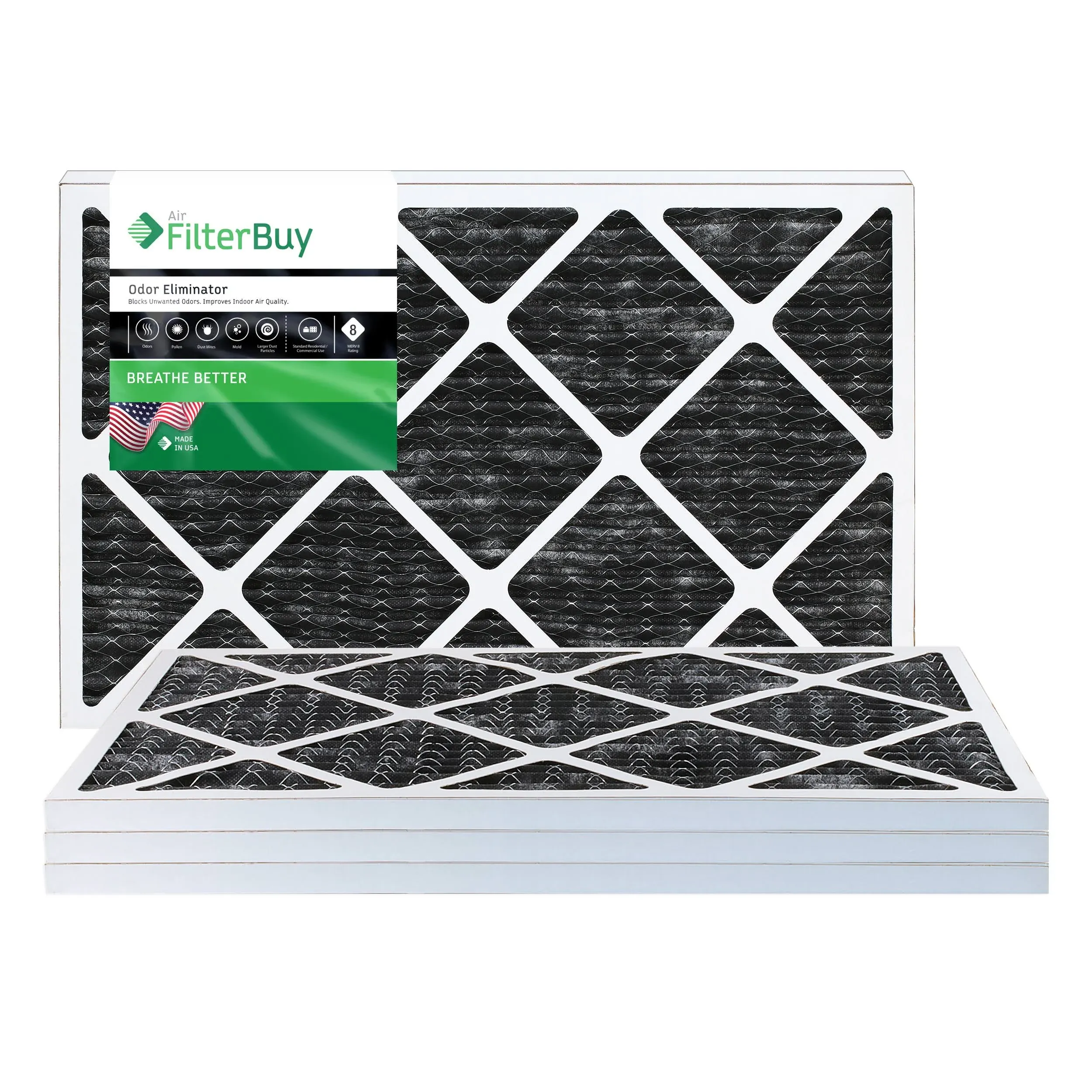 Filterbuy 16x25x1 Air Filter MERV 8 Odor Eliminator (4-Pack), Pleated HVAC AC Furnace Air Filters Replacement with Activated Carbon (Actual Size: 15.50 x 24.50 x 0.75 Inches)