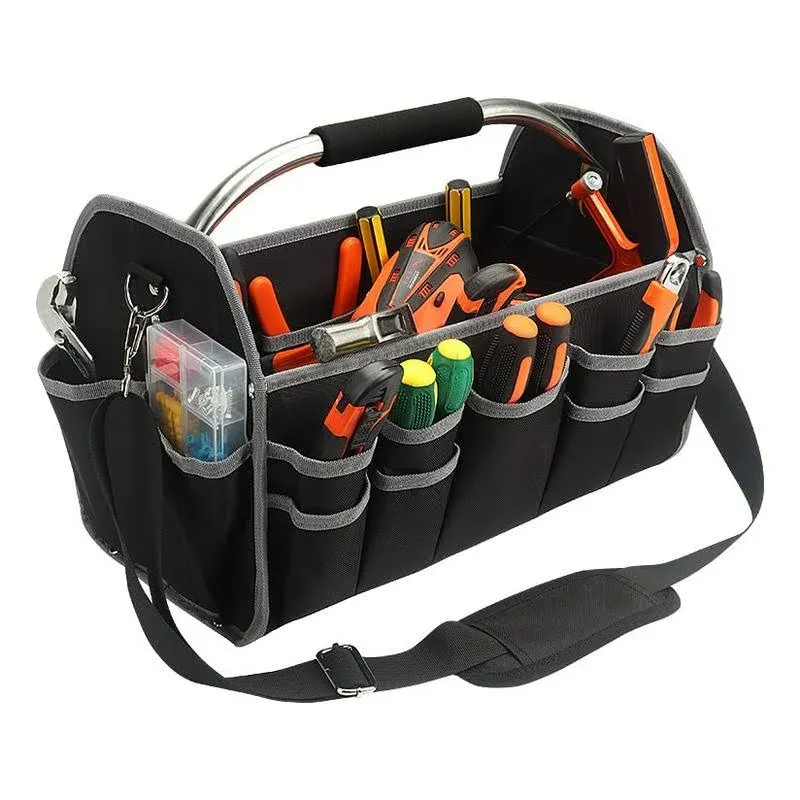 Electrician Open Top Tool Tote Bag, Material Tool Carrier with 16 External Pockets, Steel Handle and Shoulder Strap