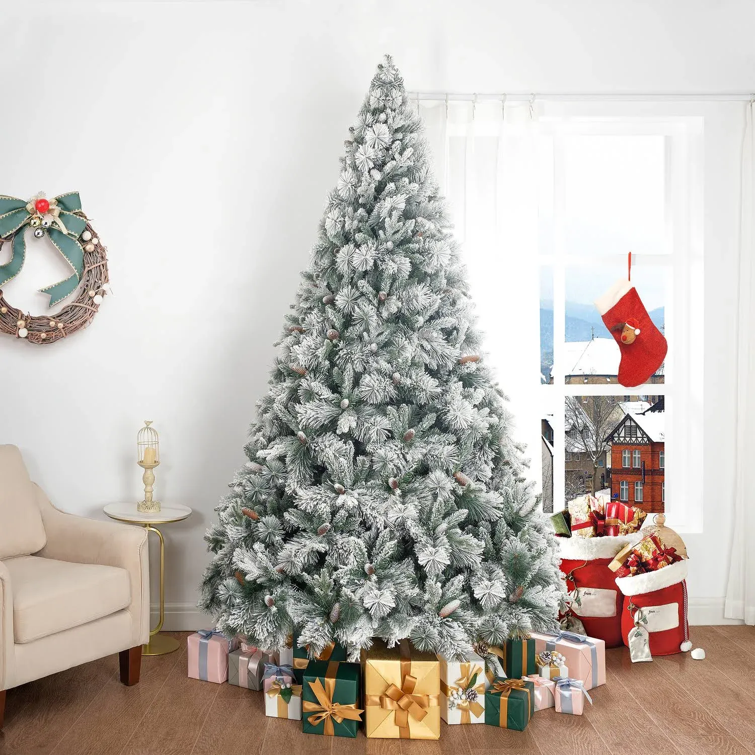 Glasgow 7.5ft Frosted Prelit Artificial Christmas Tree with Pine Cones, Foot Pedal, 1556 Branch Tips, 750 Warm Lights & Metal Stand, 61" Wide Realistic Pine Snow Flocked Christmas Tree with Lights