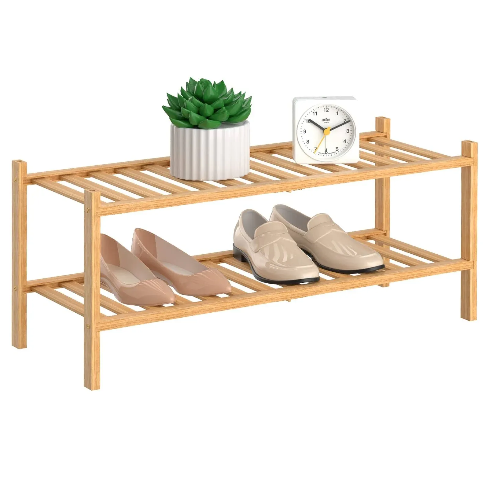 3-Tier Natural Bamboo Shoe Rack - Stackable Storage Shelf with Multi-Function<wbr/>...