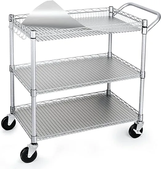 WDT 990Lbs Capacity Heavy Duty Rolling Utility Cart, NSF Rolling Carts with Wheels,Commercial Grade Metal Cart with Handle Bar & Shelf Liner,Trolley Serving Cart for Restaurant,Kitchen,Gray