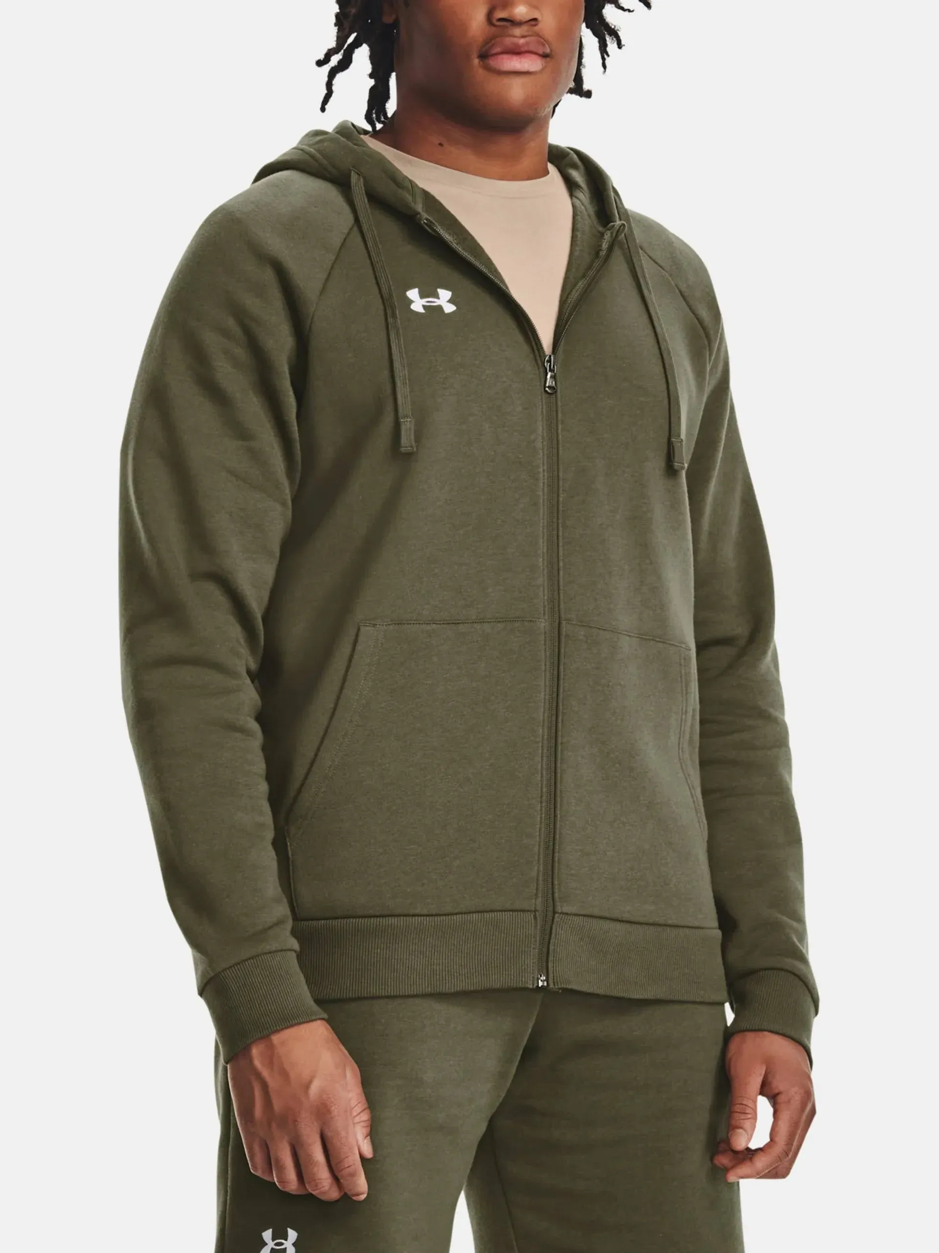 "Under Armour Sweatshirts: Men's 1379767 025 Castlerock Light Heather UA Rival Fleece Full-Zip Hoodie"