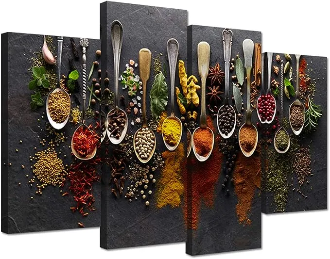 iHAPPYWALL Kitchen Pictures Wall Decor 4 Pieces Couful Spice in Spoon Vintage CA