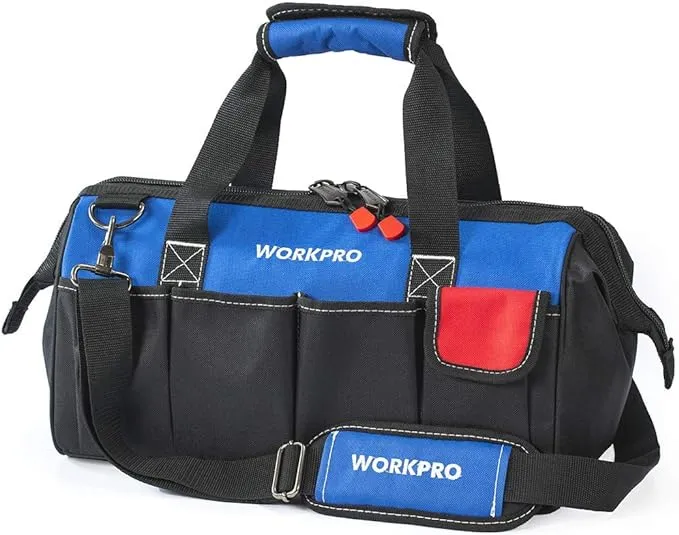 WORKPRO 14-inch Tool Bag, Multi-pocket Tool Organizer with Adjustable Shoulder Strap, W081021A , black