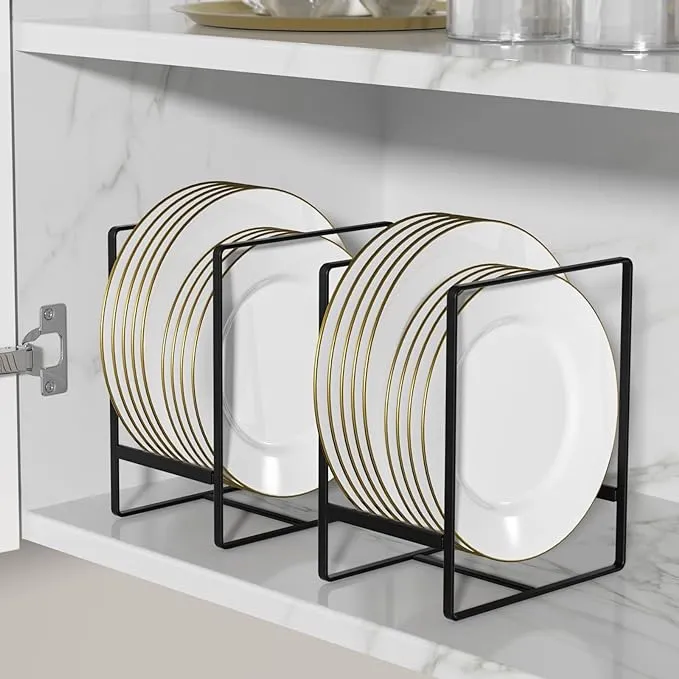 LINFIDITE Plate Holder Organizer 2 Pack Dish Storage Rack Upright Cabinet Dish Drying Rack Metal Dish Organizer Stand for Kitchen Counter Cupboard 6.4in. x 4.5in. x 7.9in.Black