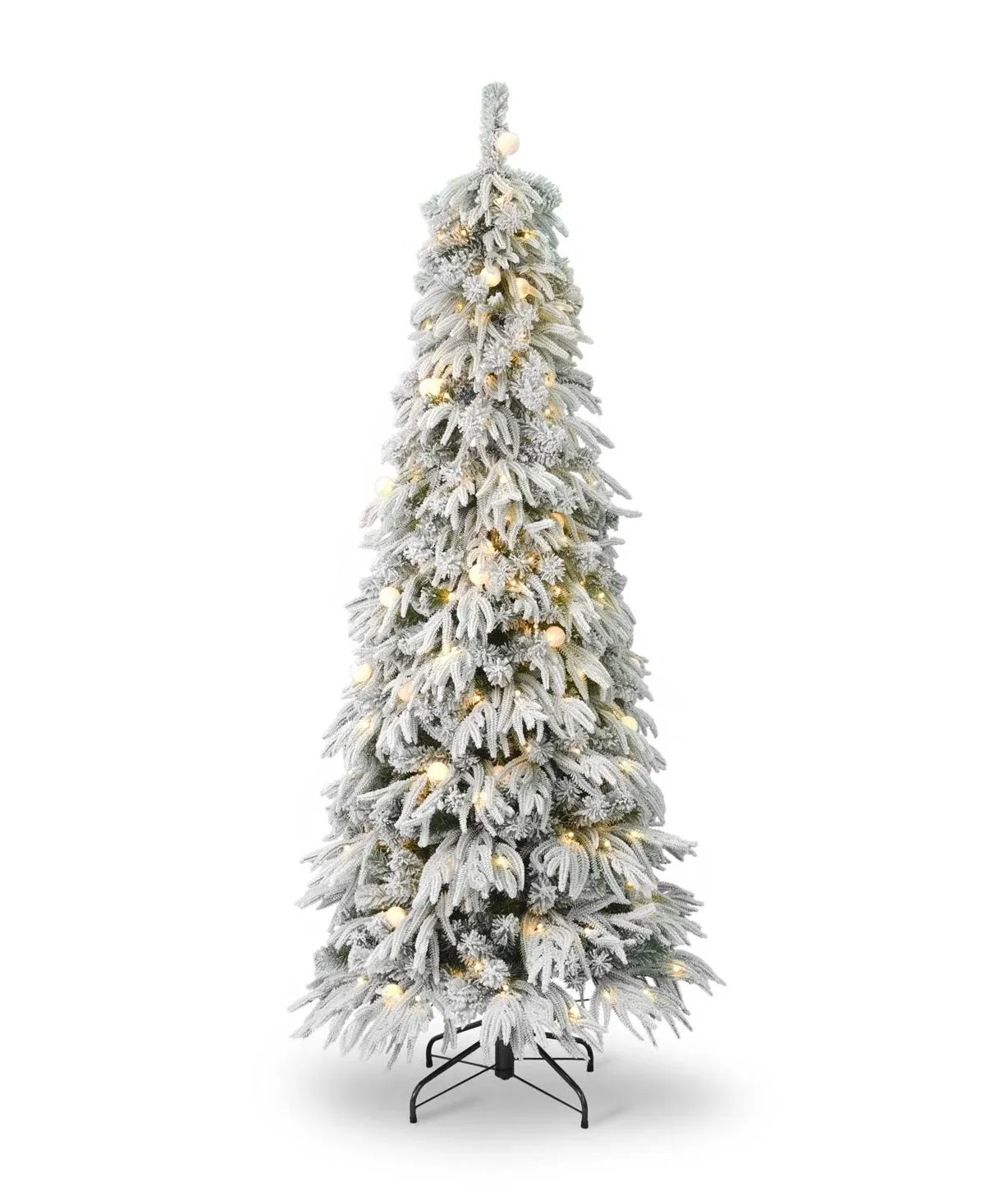 "Frosted Acadia 7' Pre-lit Flocked Pe Mixed Pvc Slim Tree With Metal Stand, 2571 Tips, 250 Changing L In White"