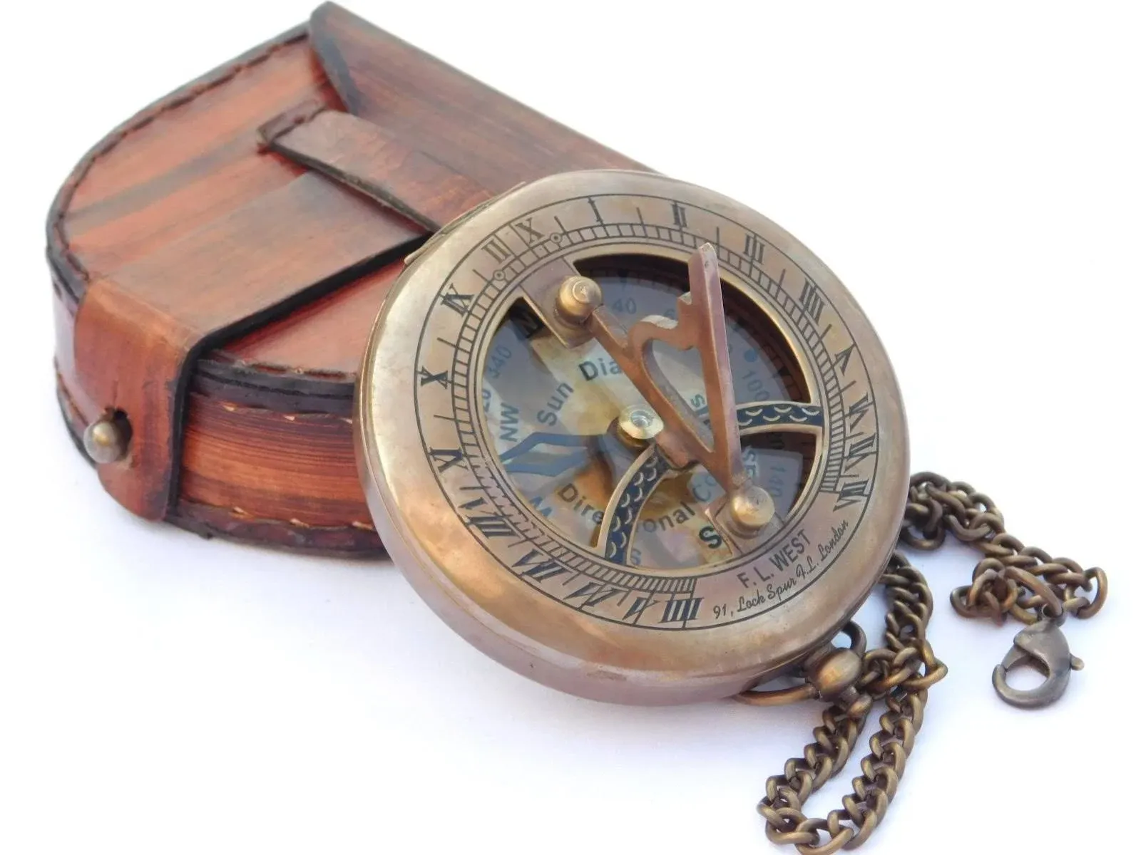 3” Brass Sundial Push Open Compass + Leather Case &amp; Chain Steampunk compass