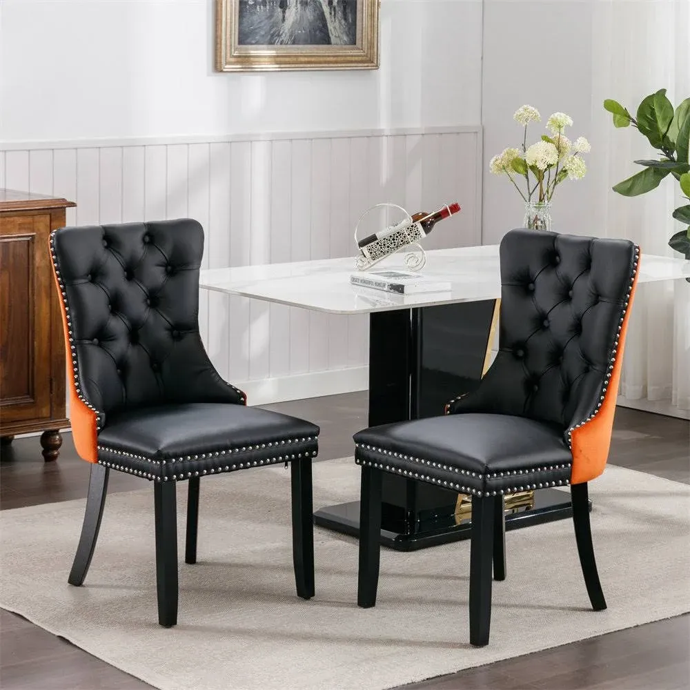 Nikki Modern PU Leather & Velvet Dining Chair (Set of 2) - Orange & Black