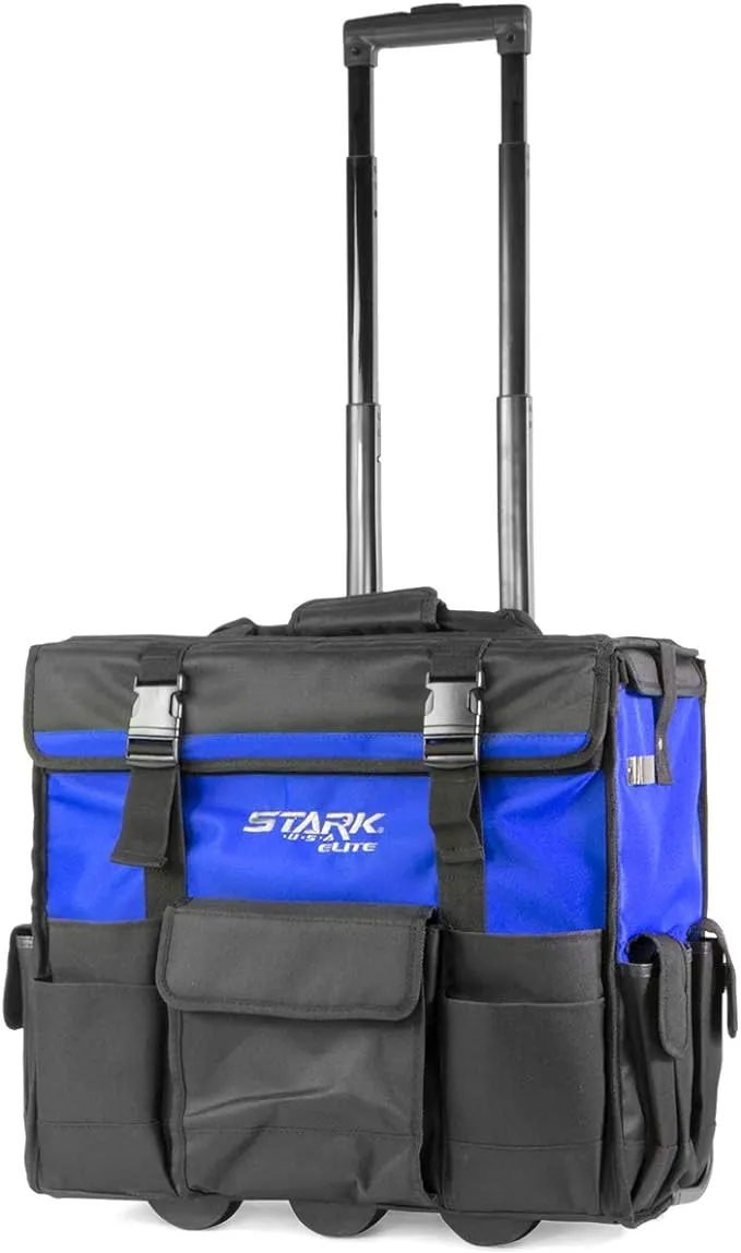 Stark Rolling Tool Bag 20" Heavy Duty Portable Tool Tote Telescoping Handle Storage Organizer Tote, Blue/Black