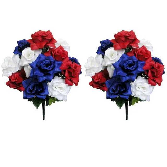 Admired By Nature 12 Stem Artificial Flowers Roses Bloom Bush Spring Faux Flower Arrangement for Outdoor & Indoor Wedding Home Decor, Cemetery Decorations for Grave, Summer Flowers Red White Blue