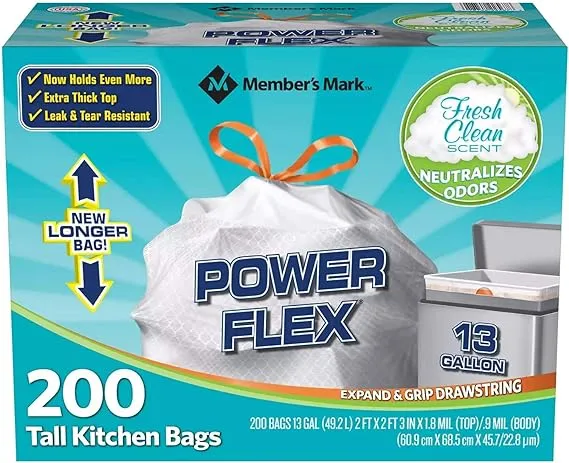 Members Mark 13 gal Power Flex, Leak Protection, Tall Kitchen Simple Fit Drawstring Bags (1-Pack, Fresh Clean Scent)