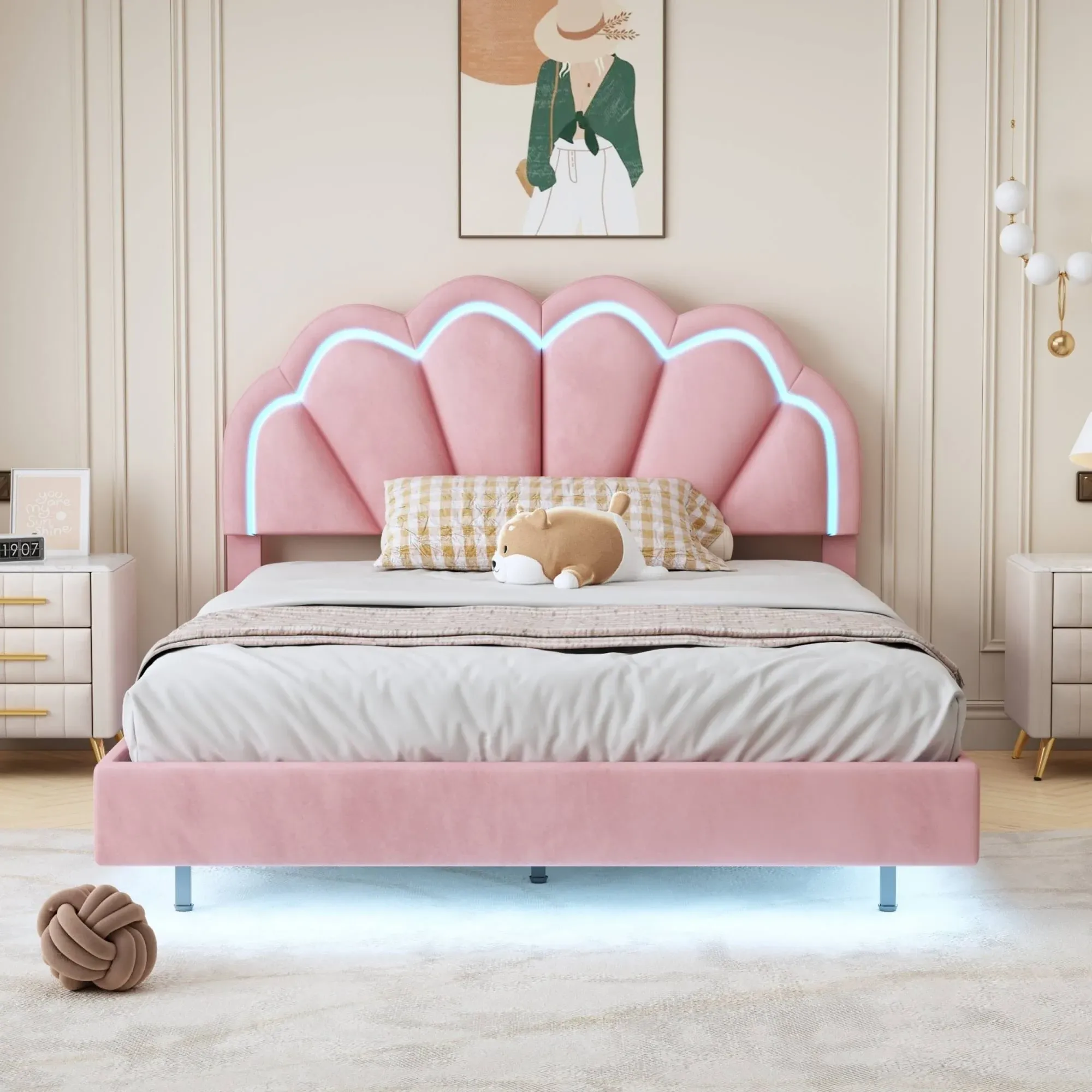 Full Upholstered Smart LED Bed Frame with Elegant Flowers Headboard,Wooden Slats Support, Floating Velvet Platform Bed for Kids (Pink/Flower1)