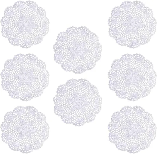 Phantomon 8 Inch Doilies Crochet Round Lace Doily Handmade Placemats 100% Cotton Floral Crocheted Coasters, Flower Design, Pack of 8 (White)