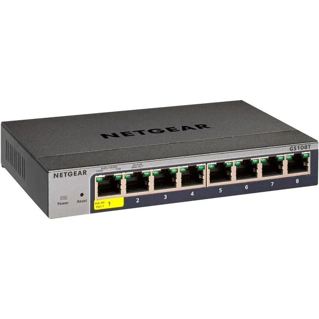 NETGEAR 8-Port Gigabit Ethernet Smart Switch (GS108T) - Managed, with 1 x PD Port, Optional Insight Cloud Management, Desktop or Wall Mount, Silent Operation, and Limited Lifetime Protection,Black