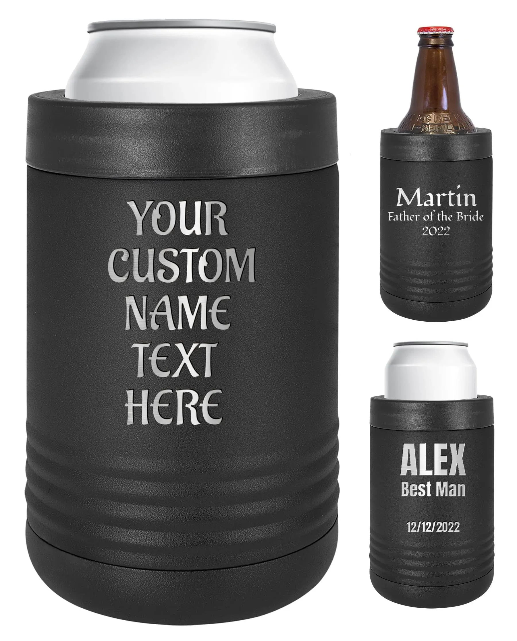 Personalized Stainless Steel Engraved Insulated Beverage Holder Customized Can Cooler with Custom Name Text – Wedding, Birthday, Corporate Gift (Black, Standard)