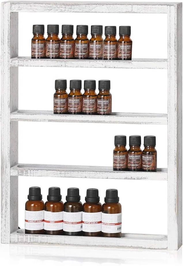 LIANTRAL Essential Oil Storage, Essential Oil Shelf Wall Mounted Wooden Display Shelf Rack for Essential Oils & Nail Polish, Rustic Grey White