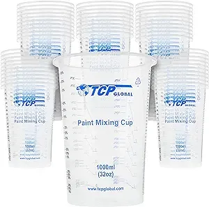 TCP Global 32 Ounce (1000ml) Disposable Flexible Clear Graduated Plastic Mixing Cup