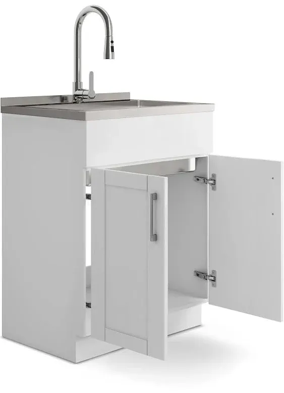 Simpli Home Modern Wide Shaker 28 inch Laundry Cabinet with Faucet and Stainless Steel Sink in White