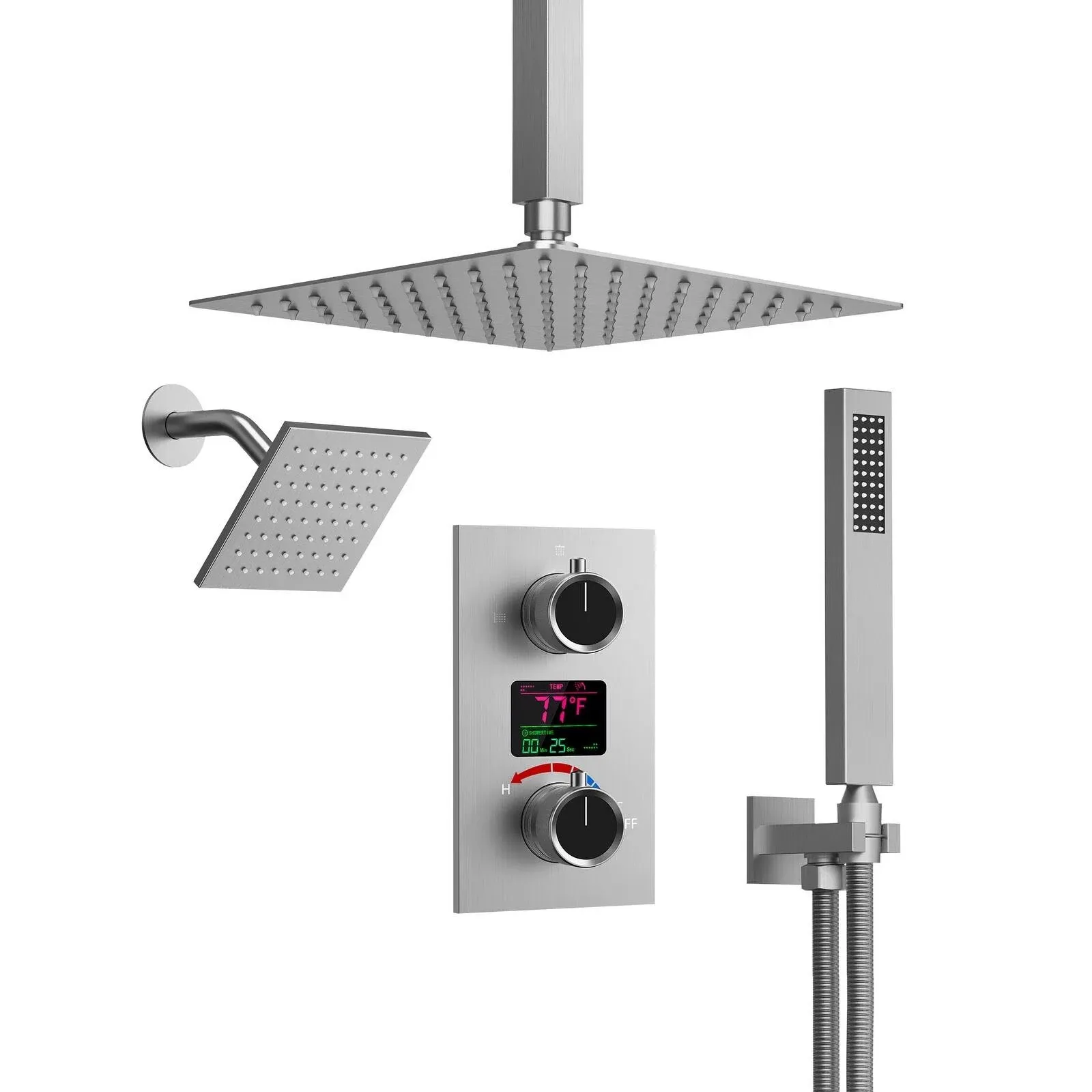 3-Spray Dual Shower Head and Handheld Shower Head with LCD Temperature Display in Brushed Nickel(Valve Included)