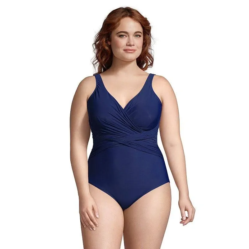 Lands' End Womens Slender Suit Wrap One Piece Swimsuit Deep Sea Navy Long Torso 12