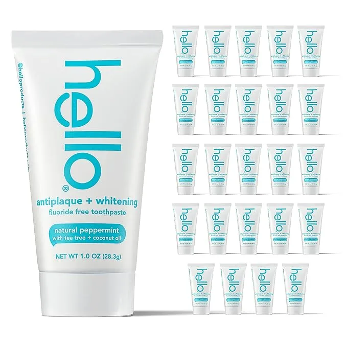 Hello Antiplaque and Whitening Fluoride Free Travel Toothpaste, 1 Ounce (Pack of 24), Natural Peppermint with Tea Tree and Coconut Oil, Vegan, SLS Free, Gluten Free and Peroxide Free