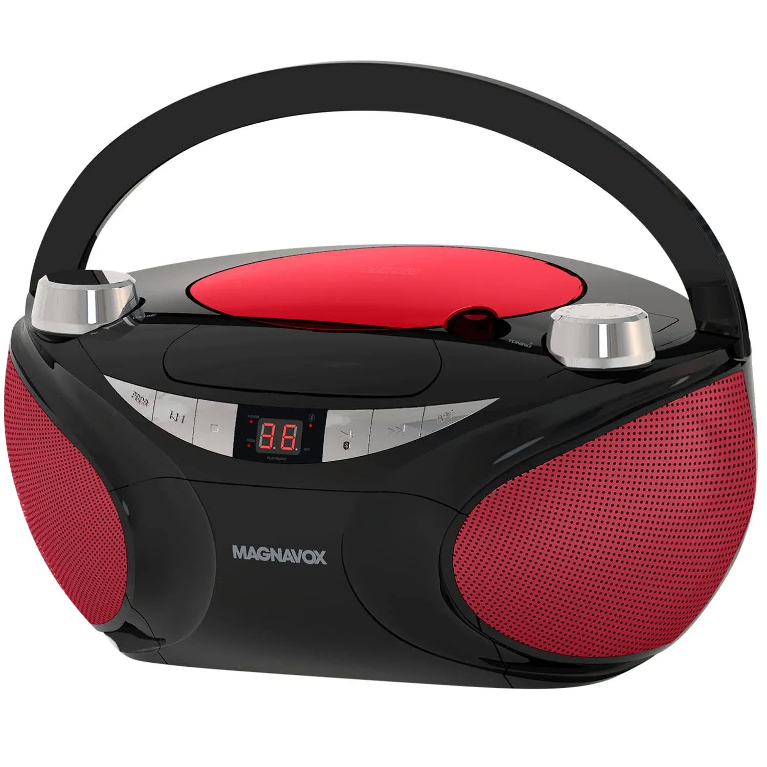 Magnavox MD6949 Portable Top Loading CD Boombox with AM/FM Stereo Radio and Bluetooth Wireless Technology in Red and Black | CD-R/CD-RW Compatible | LED Display |