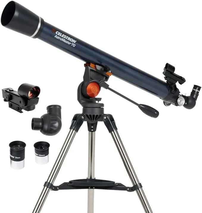 Celestron - Telescopio AstroMaster 70AZ - Telescopio refractor - Óptica de vidrio totalmente recubierta - Trípode de altura ajustable - Paquete de software de astronomía adicional