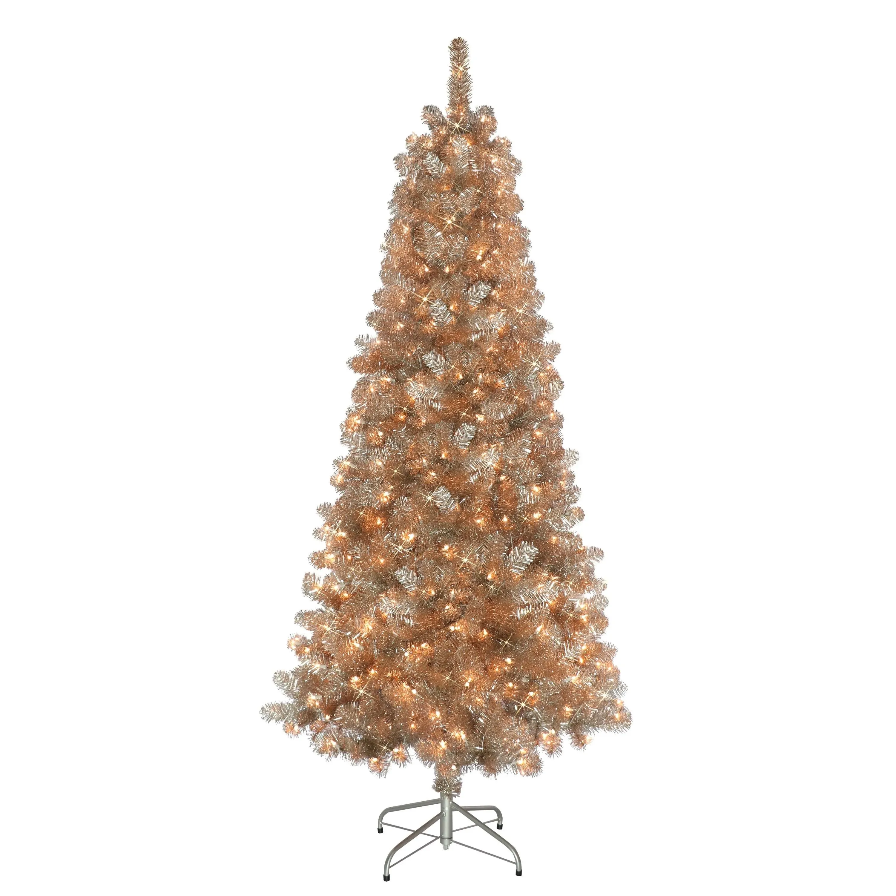 Puleo International 6.5 Foot Pre-Lit Rose Gold Tinsel Artificial Christmas Tree