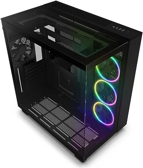 NZXT H9 Elite Dual-Chamber ATX Mid-Tower PC Gaming Case – Includes 3 x 120mm F120 RGB Duo Fans with Controller– Glass Front, Top & Side Panels – 360mm Radiator Support – Cable Management – Black