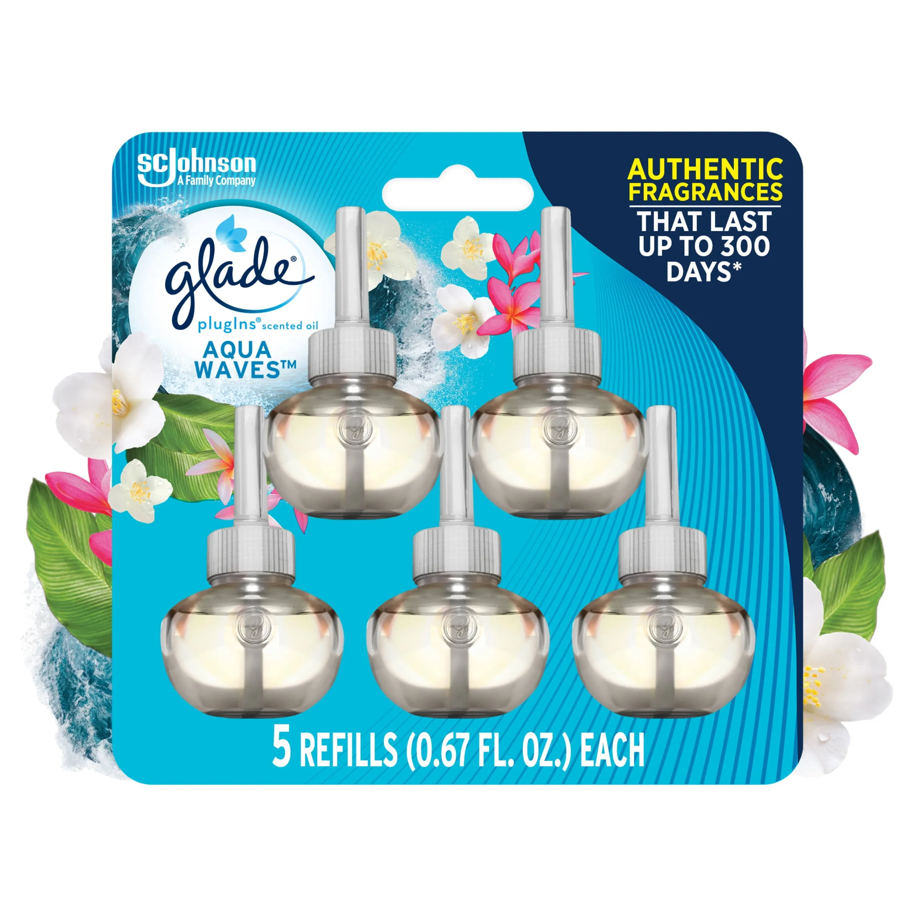 Glade PlugIns Scented Oil, Aqua Waves, Refills - 5 pack, 0.67 fl oz refills