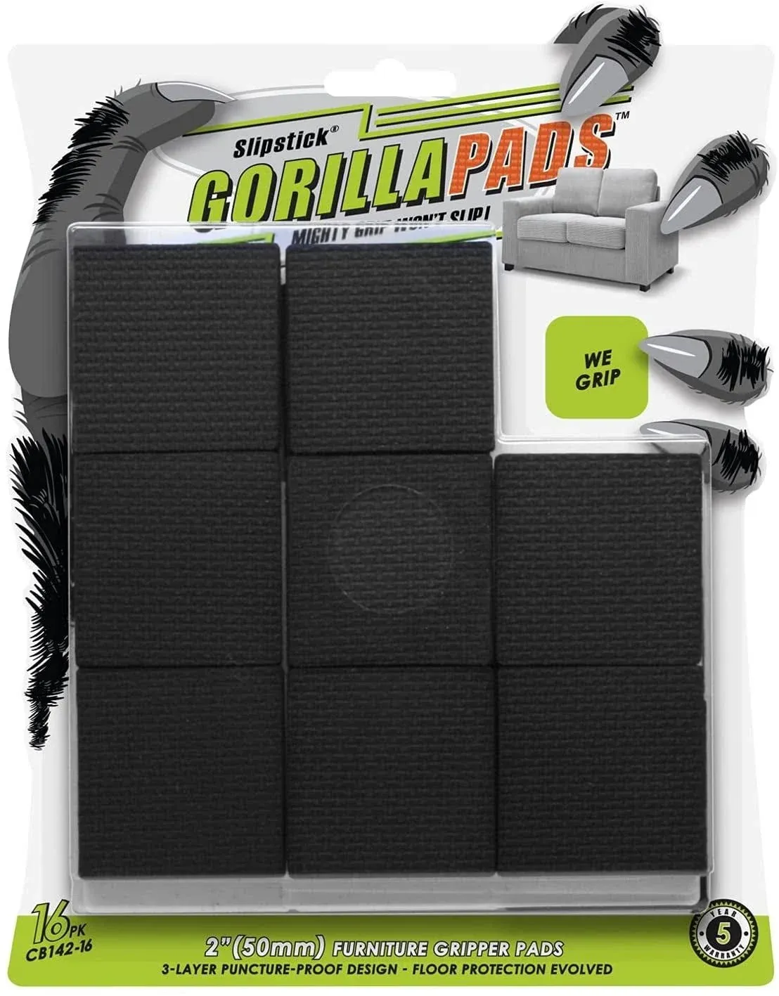 GorillaPads Non Slip Furniture Pads/Floor Gripping Pads (Set of 16 Grips) 2 inch Square Floor Protectors for Under Furniture, Black, CB142-16