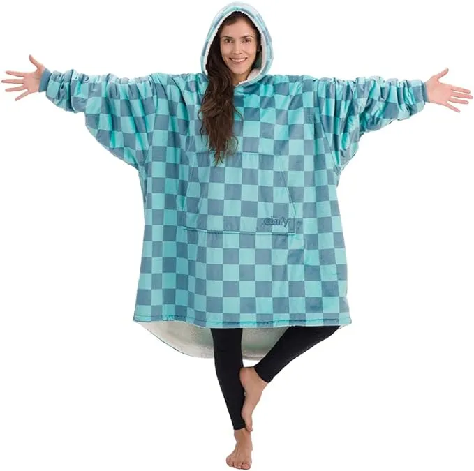 The Comfy Original | Oversized Microfiber & Sherpa Wearable Blanket, Seen On Shark Tank, One Size Fits All (Teal Checkered)