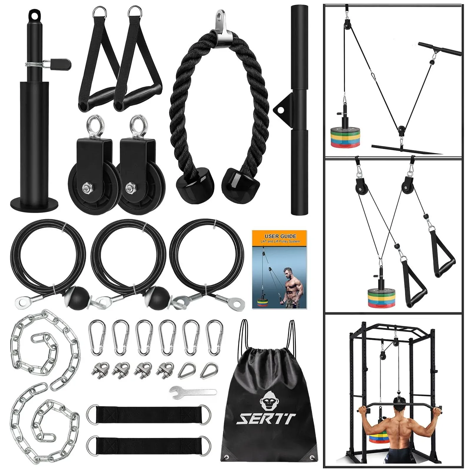 SERTT Weight Cable Pulley System Gym, Upgraded Cable Pulley Attachments for Gym LAT Pull Down, Biceps Curl, Tricep, Arm Workouts - Weight Pulley System Home Gym Add On Equipment