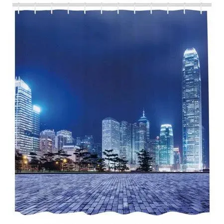 Ambesonne Urban Shower Curtain, Hong Kong Skyline Night Architectural Cityscape ...