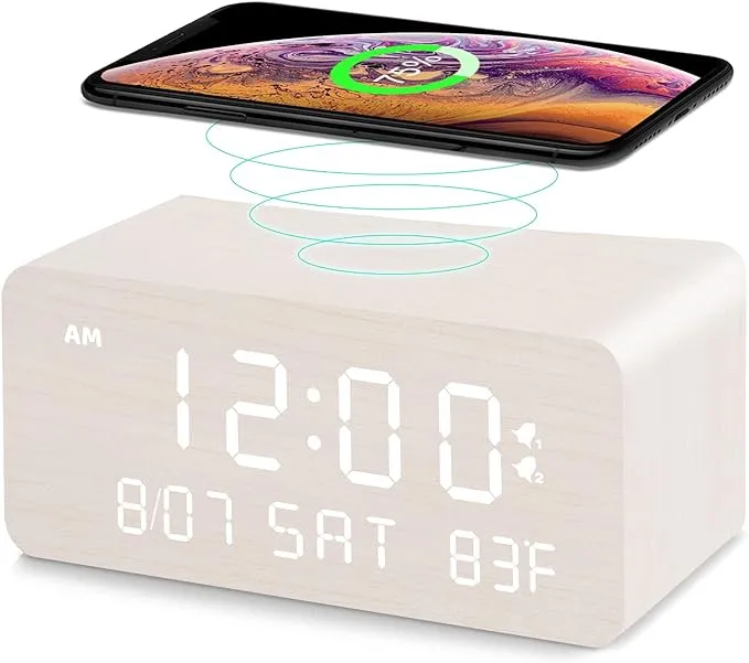 Wooden Digital Alarm Clock with Wireless Charging