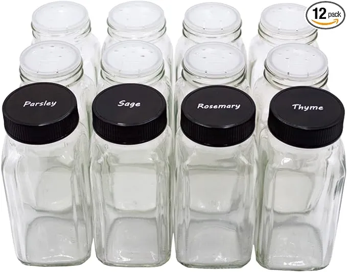 12 pieces of French Square Glass Spice Bottles 6 oz Spice Jars with Black Plastic Lids, Shaker Tops, and Labels by U-Pack