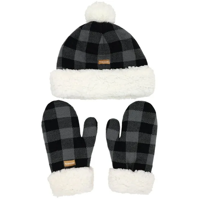 "BambooMN Women's Classic Winter Fleeced Thermal Pom Pom Beanie Hat and Mittens Set, White/Gray Snowflake"