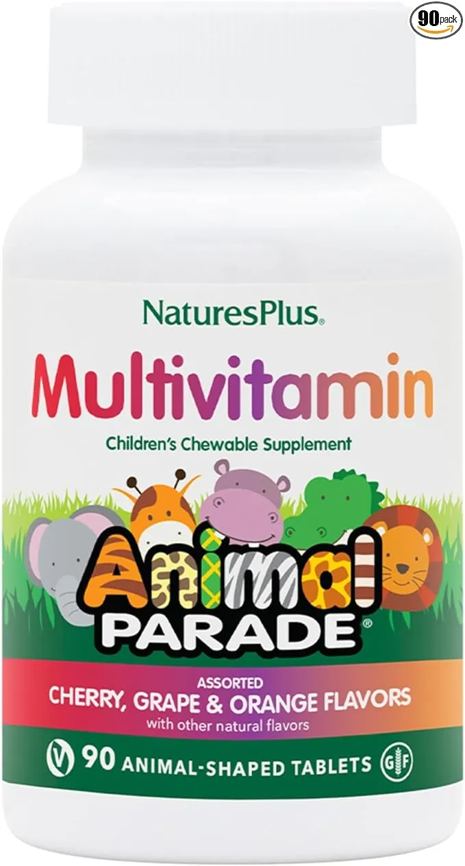 NaturesPlus Animal Parade Children's Chewable Multivitamin - 90 Animal-Shaped Tablets - Natural Assorted Flavors - Vegan, Gluten Free - 45 Servings