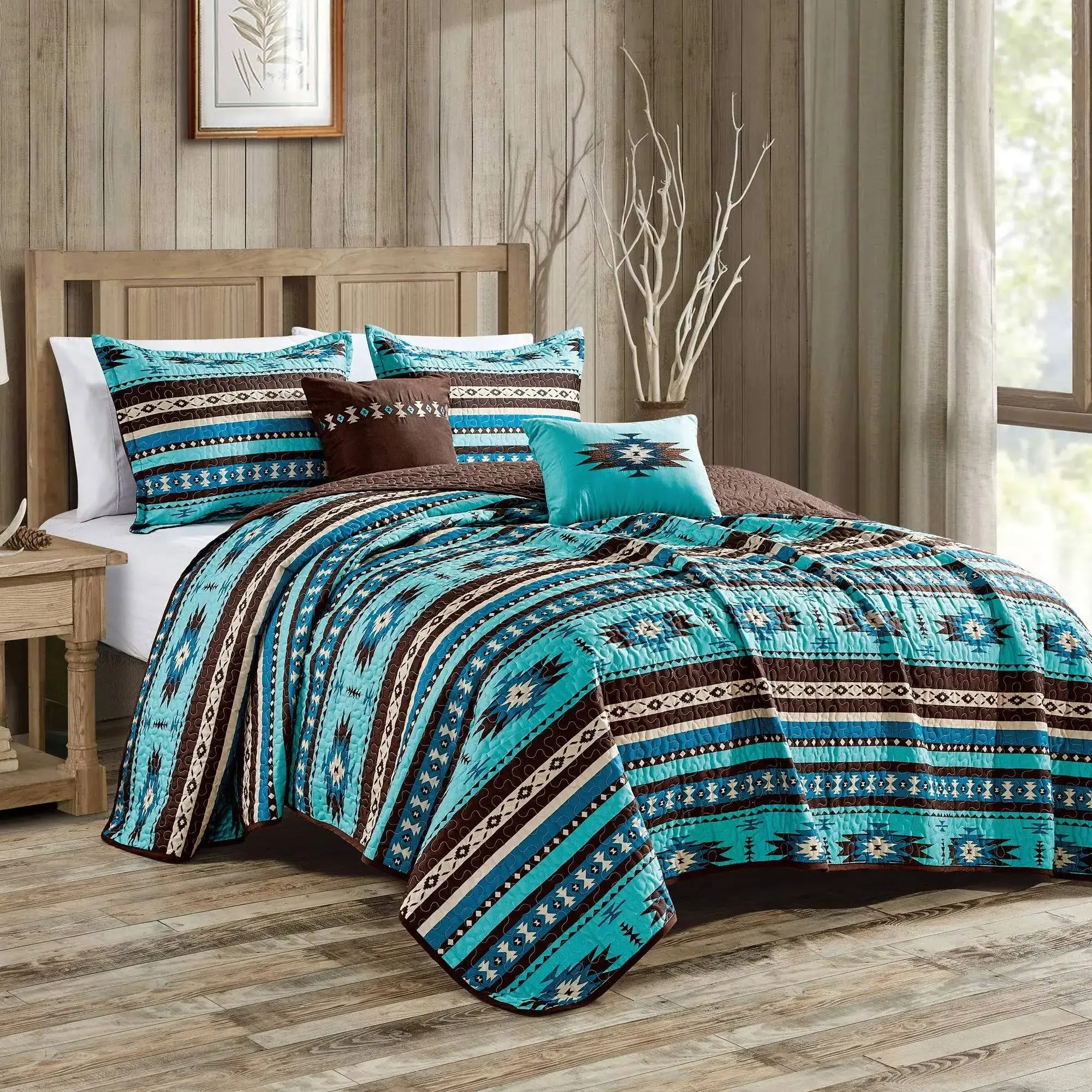 Southwestern Turquoise Tan Aztec Quilt Coverlet - 5 Piece Set