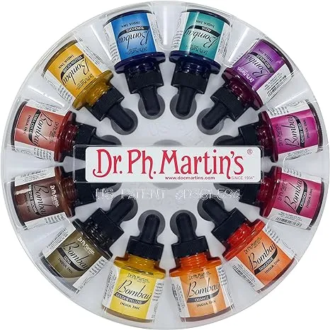 Dr. Ph. Martin's Bombay India Ink (Set 2) Ink Set, 1.0 oz, Set 2 Colors, 1 Set of 12 Bottles.