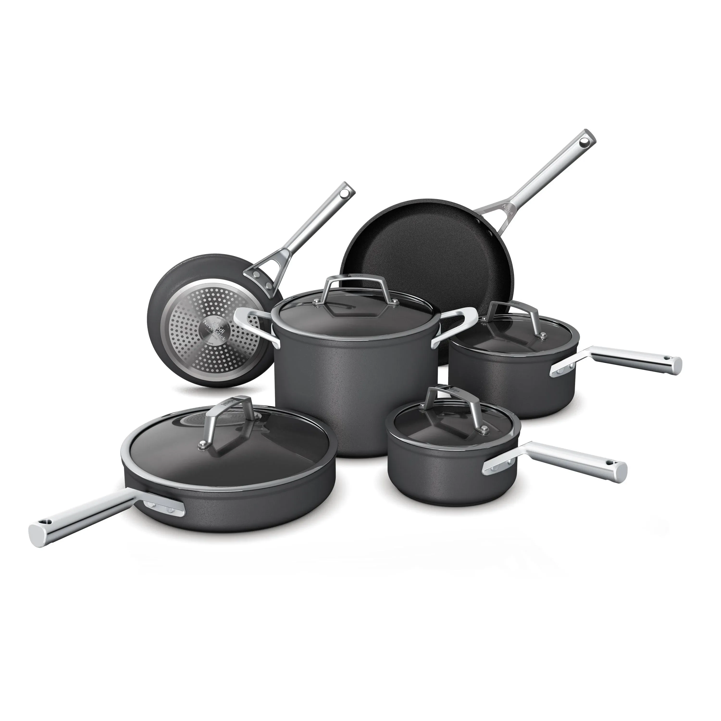 Foodi NeverStick Premium 10- Piece Hard-Anodized Aluminum and Stainless Steel Cookware Set with Lids in Slate Grey